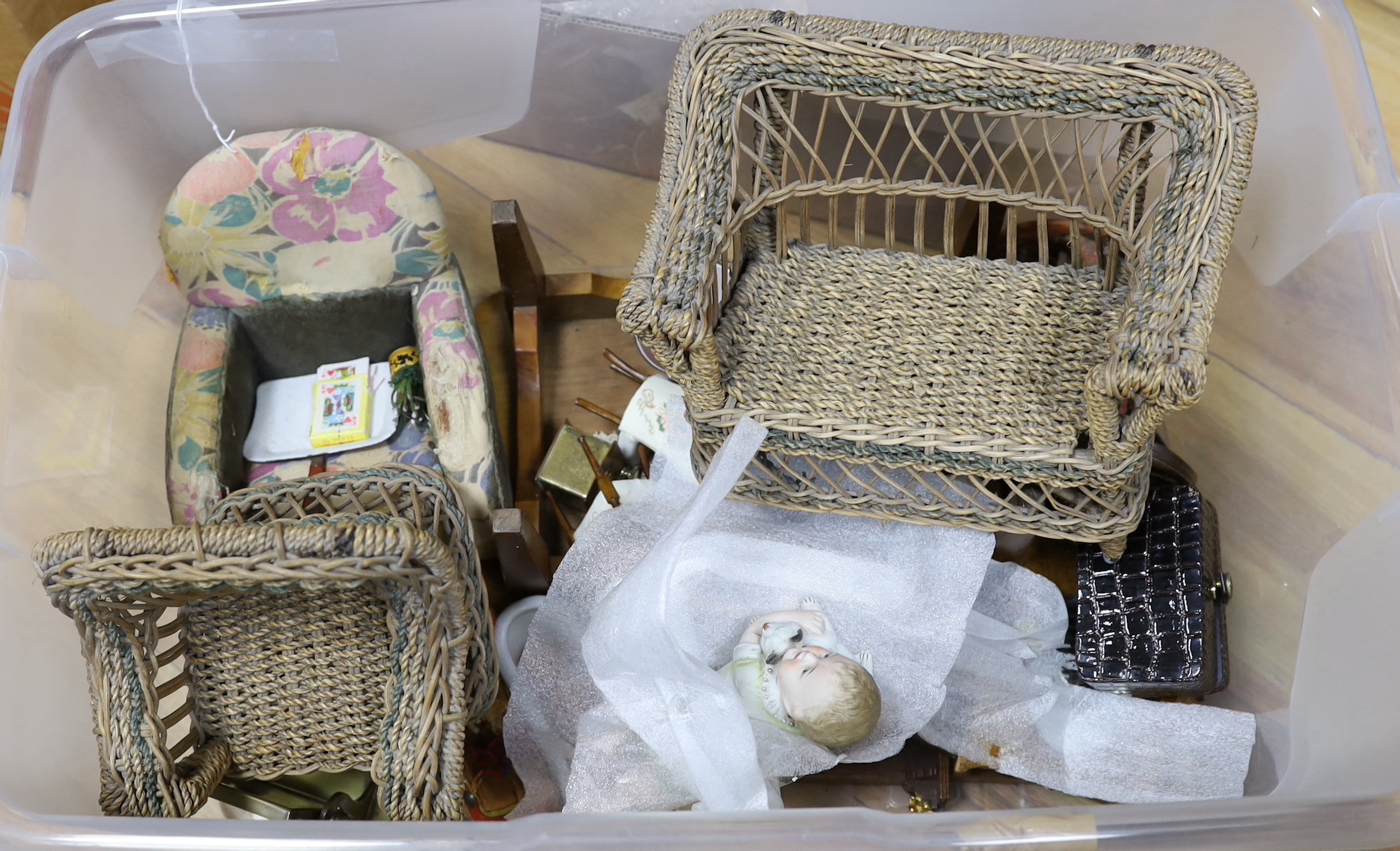 A large collection of doll's house furniture and accessories and an all bisque baby with cat